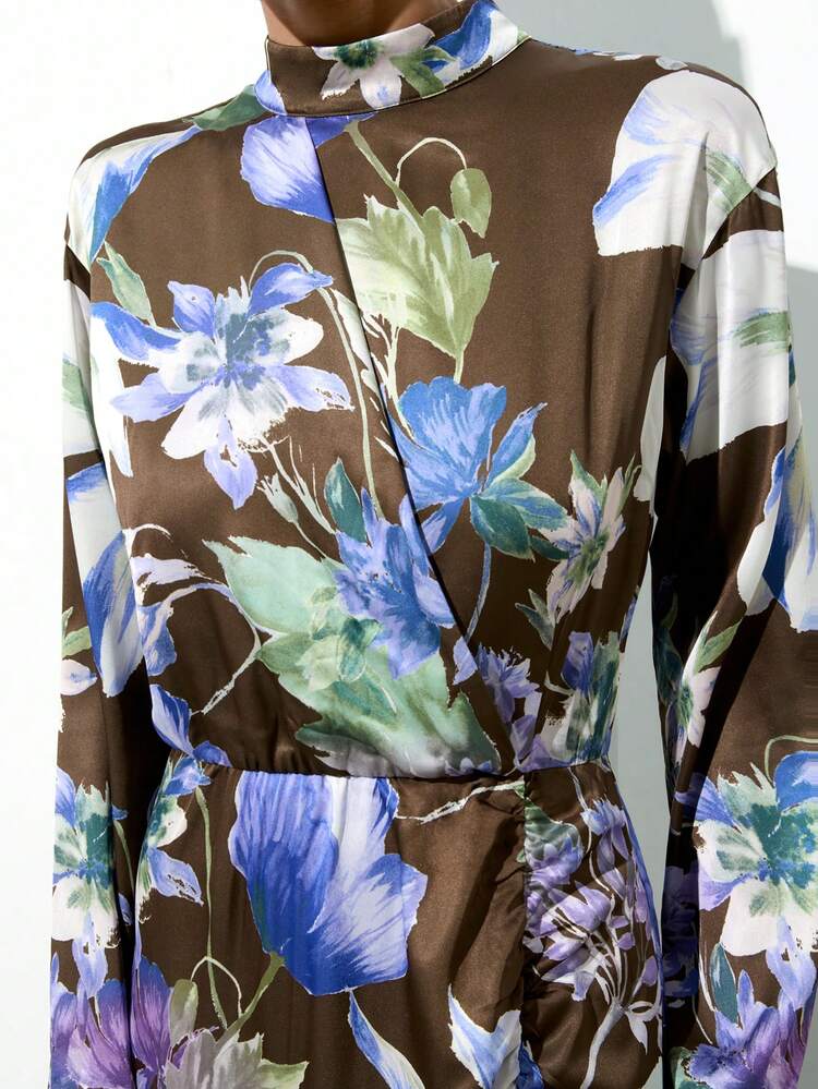 SHEIN Maija Floral Satin Print Asymmetric Long Sleeve Maxi Fishtail Skirt, Elegant & Comfortable, Suitable For Autumn/Winter, Parties And Holidays Winter Dress Women Christmas Dress Elegant Dress Brown Dress Floral Dress New Year Dress Flower Print Dress Orchid Dress Long Sleeve Dress Floral Print Dress Women's Summer Dresses  Vacation Outfits Women