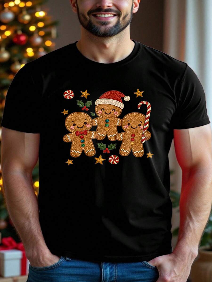 Manfinity Homme Plus Size Men's Casual Christmas Gingerbread Man Embroidered Graphic Slim Fit Short Sleeve T-Shirt - Black - View 1