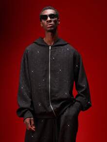 SUMWON Full Zip Cropped Hoodie With Rhinestone Embellishments Drawstring Hood Centre Pocket Textured Sweatshirt Plain - Black - View 5