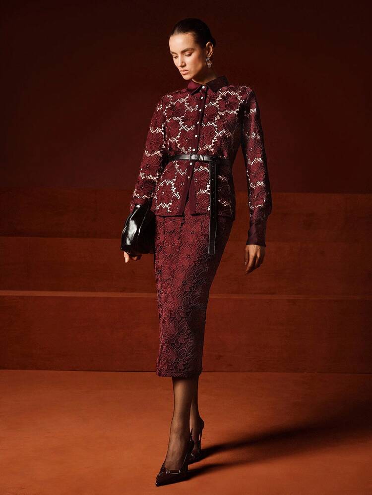 Women's New Autumn/Winter Long Sleeve A-Line Lace Patchwork Blouse & Skirt Set, European & American Street Style, Deep Purple