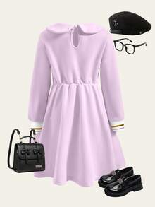 SHEIN 1pc Girls' Casual Collared Embroidered Colorblock Knit Dress - Purple - View 2