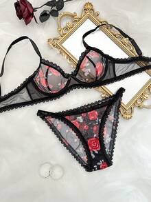 2pcs Women's Sexy Lace Patchwork Underwire Bra Set - Black - View 9