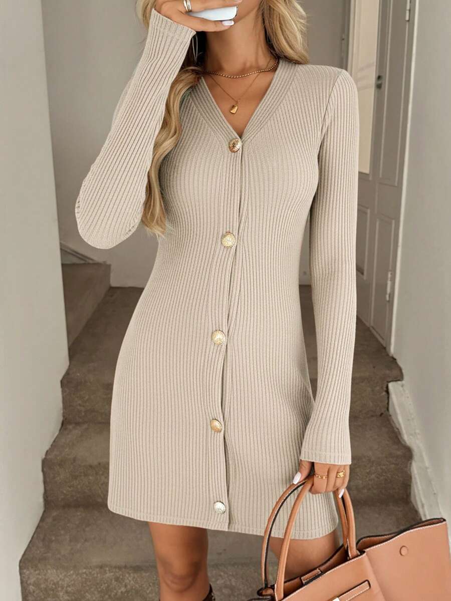 Easowa 女式休闲毛绒罗纹紧身A字长袖黑色迷你连衣裙，秋冬款 - 杏色 - 查看 1