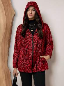 SHEIN LUNE Áo khoác cỡ lớn in họa tiết toàn thân, có dây rút ở eo, có mũ trùm đầu, có túi, thích hợp cho mùa thu đông. Áo khoác in họa tiết da báo đỏ, áo khoác in họa tiết da báo đỏ đen, áo khoác in họa tiết động vật cỡ lớn, áo khoác in họa tiết động vật cỡ lớn, áo khoác in họa tiết da báo đỏ đen. - Đỏ - Xem 4