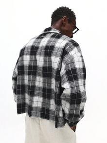 Long Sleeve Crop Fit Check Shirt With Cross Print Casual Button Down - Black and White - View 2