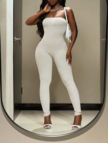 Slaydiva Christmas, New Year And Valentine's Day New Autumn And Winter Casual, Simple And Basic Style, Daily Date, Out On The Street, Popular Streetwear, Y2K Set, Fur Collar POLO Collar, Ultra-Short Cardigan + Slim Strapless Tight Jumpsuit, Apricot Ribbed Ribbed Brushed Set, Women's Two-Piece Set -A Cream Two Piece Set Sexy Body Suit Women Sexy Outfits Y2k 2 Piece Set - Apricot - View 6