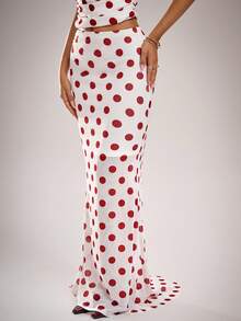 Avantive Red And White Polka Dot Maxi Skirt For Women,Vintage 70s 2000s Style Elegant Fitted Print Skirt,Autumn Party Cocktail Prom Homecoming Date Night - Red and White - View 4