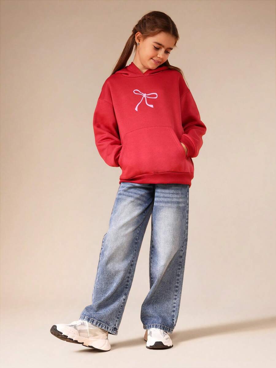 SUMWON Wide Leg Straight Denim Jeans For Tweens With Distressed Light Wash Effect - Medium Wash - View 1