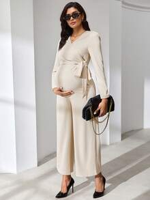 MaterniWear Elegant Maternity Solid Color Tie-Waist Jumpsuit For Commuting - Apricot - View 6