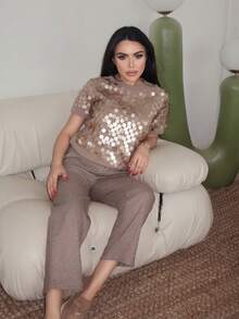 Durrani Popal FASHIONABLE VERSATILE SEQUIN EMBELLISHED SHORT SLEEVE PULLOVER KNIT SWEATER KNIT PULLOVER FALL WINTER