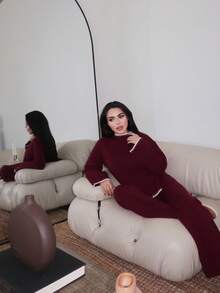 Durrani Popal 2件套女式撞色长袖毛衣上衣和裤子套装 - 酒紅色 - 查看 6
