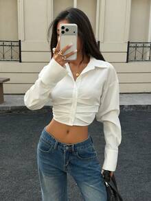 Siren Gaze Women's Autumn/Winter New Cropped Waist White Versatile Long Sleeve Shirt White Cropped Shirt Cropped Button Down Shirt Women Sexy Blouses Casual