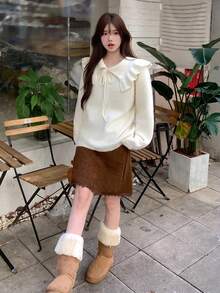 DAZY Áo len dài tay cổ bèo thắt nơ phong cách Hàn Quốc cho nữ, Thu/Đông - Màu be - Xem 4