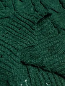 Vionelle Plus Size V-Neck Wavy Hem Drawstring Cable Knit Pattern Long Sleeve Sweater Dress, Solid Color, Casual, Autumn/Winter - Dark Green - View 8