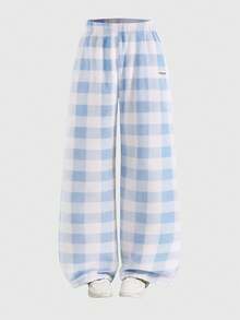 SUMWON Relaxed Fit Checked Sweatpants For Lounging Comfort Casual Elastic Waist Pajama Bottoms With Soft Fleece Texture - Blue - View 6