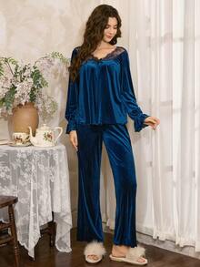 Bộ đồ ngủ ren và nhung Pháp Côtesoire dành cho nữ Bộ đồ ngủ Gothic dành cho nữ Bộ đồ ngủ ren Polar Express dành cho nữ Bộ đồ ngủ nhung xanh dành cho nữ Bộ đồ ngủ ren xanh, Quần áo mùa đông - Màu xanh hải quân - Xem 4