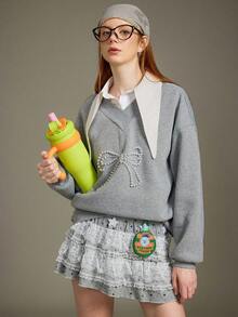 Elnivra Uhlyne 女士通勤百搭花卉灰色优雅宽松蝴蝶结串珠长袖运动衫，商务休闲 - 淺灰色 - 查看 1
