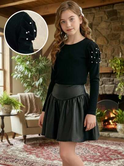 LMoss Kids LMoss 2pcs Tween Girl Knit Solid Beaded Gigot Sleeve T-Shirt And Skirt Set, Kids Black Skirt, Kids Leather Skirt, Skirts, Black Skirts For Tweens, Adolescent Girl, Skirt, Long Sleeve Tops, Black Corset Top, Black Mini Skirt, Long Sleeve, Cozy Fall & Winter Styles