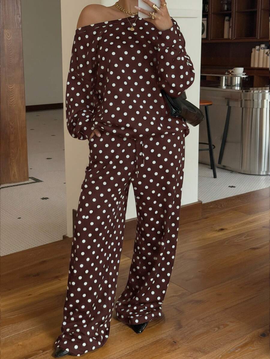 Muchica 女士秋冬摩卡波点斜肩宽松卫衣和运动裤套装 - 棕色 - 查看 1