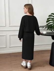 SHEIN Serisse Kids 青少年女孩休闲时尚法式优雅罗纹 V 领长袖修身开衫夹克搭配修身长裙套装，适合周末、休闲外出、返校 - 黑色 - 查看 6