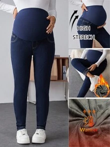SHEIN Maternity Navy Blue Skinny Jeans For Pregnant Women,Thermal Lined Over The Bump Denim With Stretchy Belly Panel,Smart Casual Autumn Winter Streetwear - Blue - View 8
