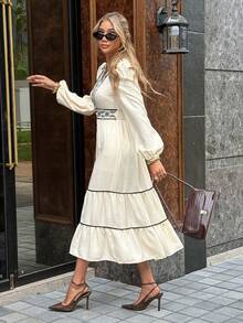 Serisse Ropa de otoño e invierno para mujer 2025 Nuevo vestido midi elegante de mujer casual con contraste de color bordado de lino con cordón y cintura ceñida. Vestido midi para ir al trabajo con contraste. Vestido de Navidad, vestido de fiesta, vestido para salir, vestido para boda civil, vestidos elegantes para mujer, vestido elegante, vestido de invitada de boda, vestido de dama de honor de invierno, vestido de vacaciones elegante para mujer, vestido de graduación, vestido de Año Nuevo para mujer, vestido de invierno - Multicolor - Ver 7