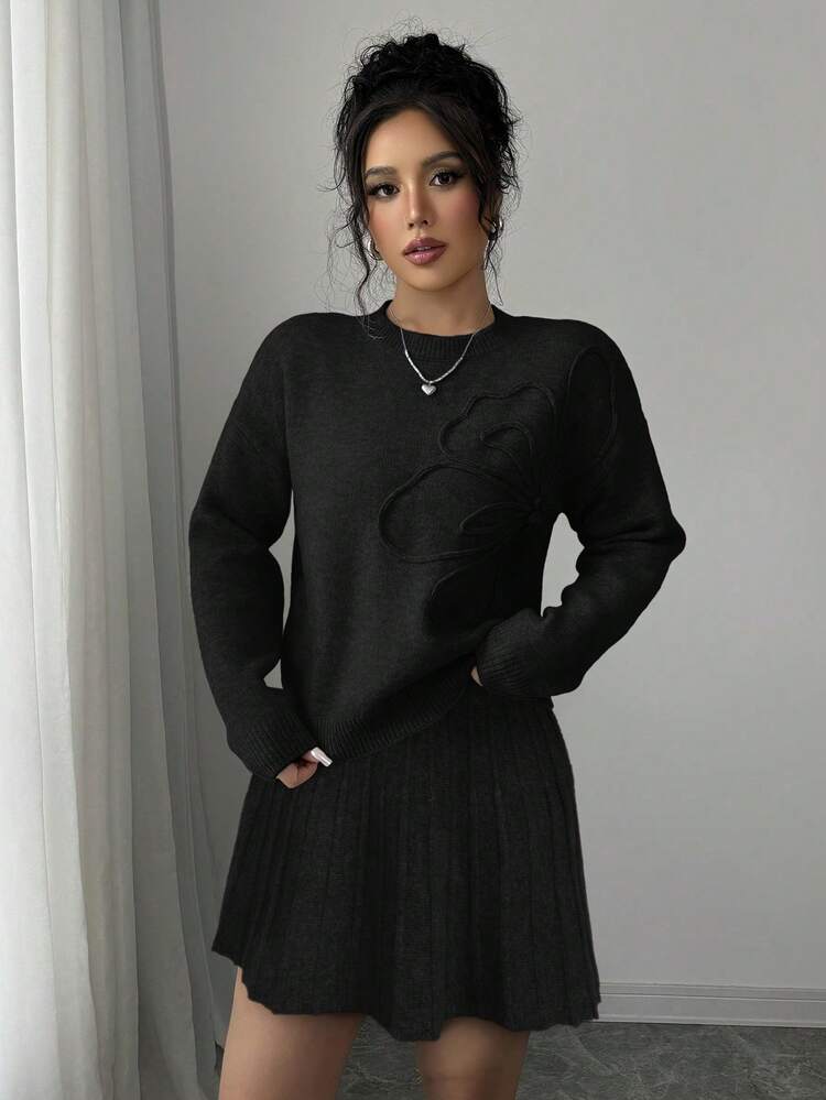 Elenzga Women's Casual Embroidered Solid Color A-Line Pleated Skirt And Sweater 2-Piece Set - Black - View 6