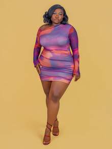 CurvyTilda Plus Size Women's Fashion Ombre Asymmetrical Neck Mini Dress, For Hourglass Body Shape