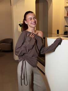 Women Casual Solid Asymmetric Collar Drawstring Top, Autumn - Brown - View 6