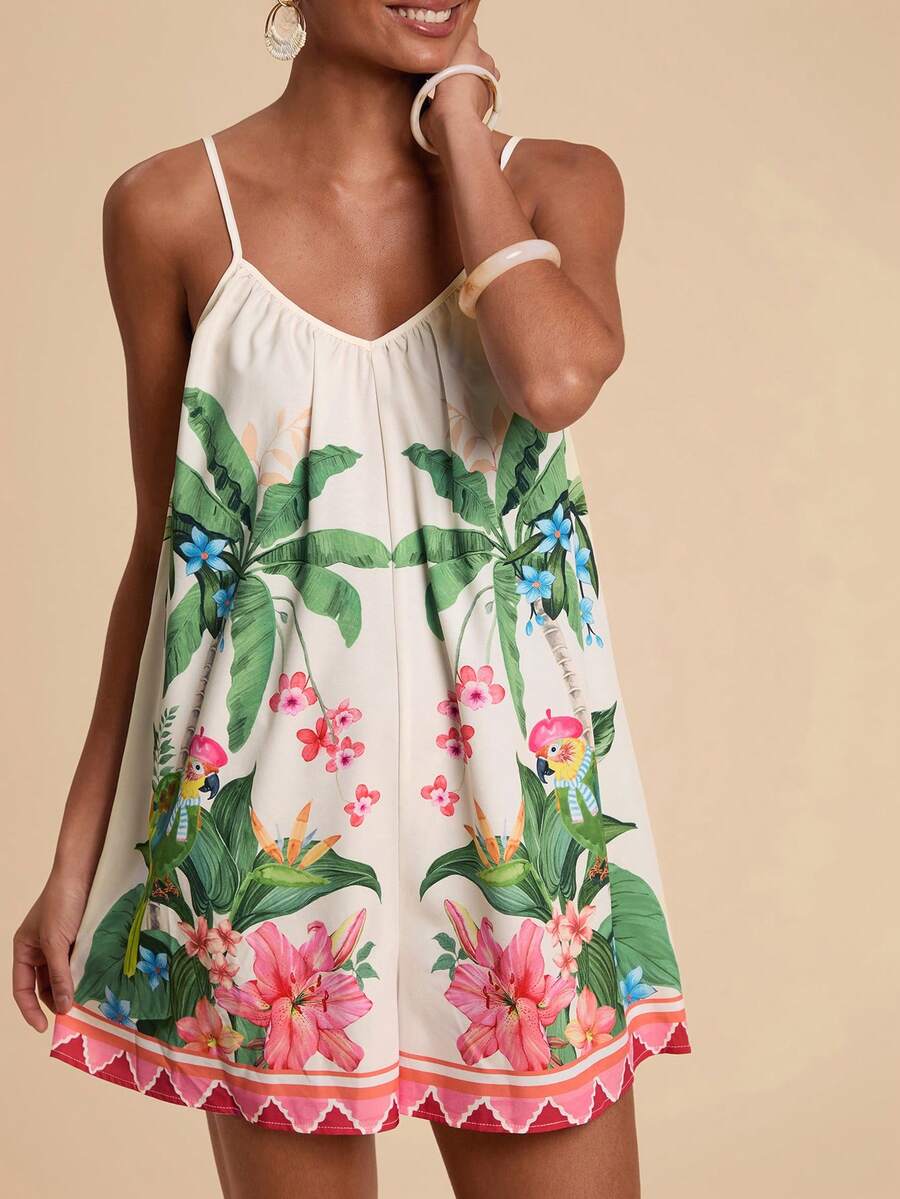 Travachic Bộ đồ liền thân ống rộng không tay xếp ly họa tiết cây nhiệt đới dành cho nữ - Nhiều màu - Xem 1