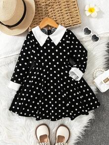 SHEIN Elladie kids Girls' Casual Black Contrast Collar Waist Knit Dress - Black - View 6