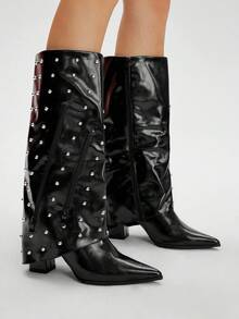 CUCCOO GRLICON 女士高筒尖头粗跟侧拉链靴，欧美时尚，适合音乐节、万圣节、圣诞节、派对、Y2K风格等场合。 - 黑色 - 查看 1