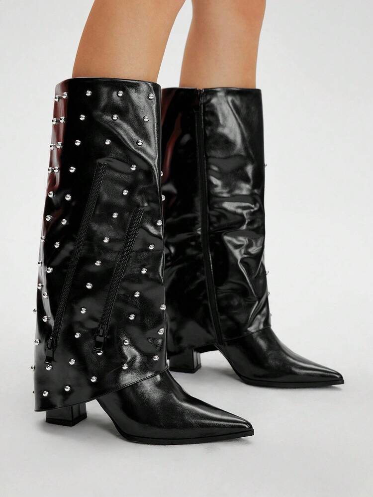 CUCCOO GRLICON Women's High Shaft Pointed Toe Chunky Heel Side Zipper Boots, European And American Fashion , Suitable For Music Festivals, Halloween, Christmas, Parties, Y2K Style