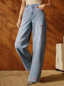Anewsta Casual Washed Strawberry Embroidered Wide-Leg Jeans - Blue - View 5