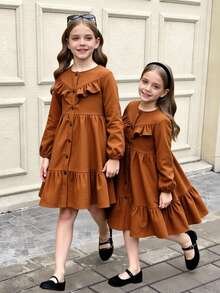 SHEIN Tween Girl Corduroy Dress,Shades Of Brown,Autumn,Elegant,Matching Family Mandarin Collar Ruffle Trim Button Waist Cinched Long Sleeve Thanksgiving - Brown - View 7