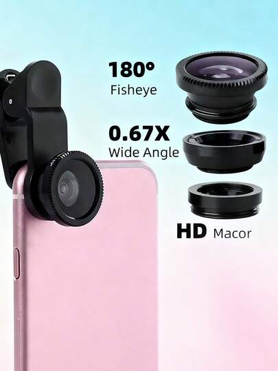 Kit de lente de cámara de teléfono 3 en 1 - Gran angular, macro, ojo de pez - Ideal para accesorios de fotografía, portátil y listo para selfies compatible con iPhone, Android para vacaciones de verano, viajes, fotografía creativa, contenido de redes sociales, accesorios para teléfono