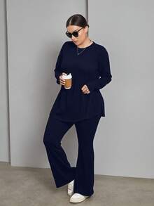 SHEIN Essnce 大码女装秋冬时尚休闲宽松舒适日常百搭基本款修身黑色长袖上衣和喇叭裤两件套，秋季衣服，裤子套装，机场装 - 藏蓝色 - 查看 5