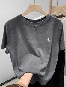 SHEIN 工厂价格简约星星刺绣常规短袖T恤 - 深灰色 - 查看 5