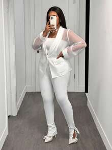 Slaydiva Noutăți Toamnă/Iarnă 2025 Haine pentru femei, Costume de Halloween pentru festivaluri de muzică, Rochii de ziua de naștere, Ținute casual de bază, Timp liber, Călătorii în croazieră, Plajă, Baie de soare, Hituri virale, Streetwear, Punk, Club, Blazer alb transparent din organza, model patchwork, cu pantaloni evazați mulați, Ținute de club sexy transparente, Seturi de lounge mărime mare