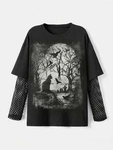 ROMWE Áo thun rộng rãi họa tiết mèo Gothic Dark Academy dành cho nữ - màu đen - Xem 2