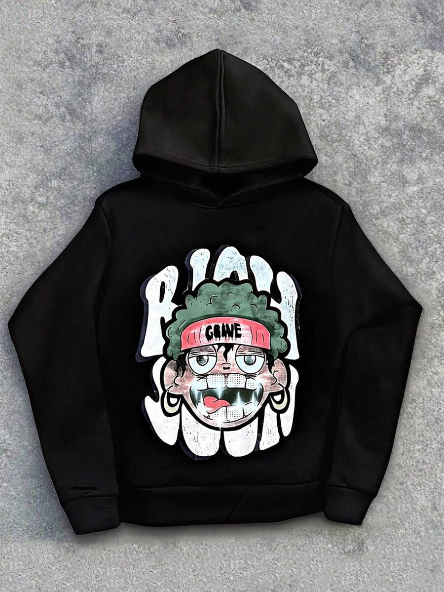 SHEIN 青少年男孩休闲卡通人像字母撞色卫衣,舒适时尚,百搭柔软面料,适合日常穿着、上学、郊游、户外运动、秋冬季节穿着,街头嘻哈风格,返校宽松卫衣,动漫卫衣,男童卫衣,秋冬季节慢跑服 - 黑色 - 查看 1