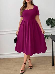 Ellevyn Plus Size Elegant Women Dress With Square Neckline And Shell Trim, Solid Color - Hot Pink - View 4