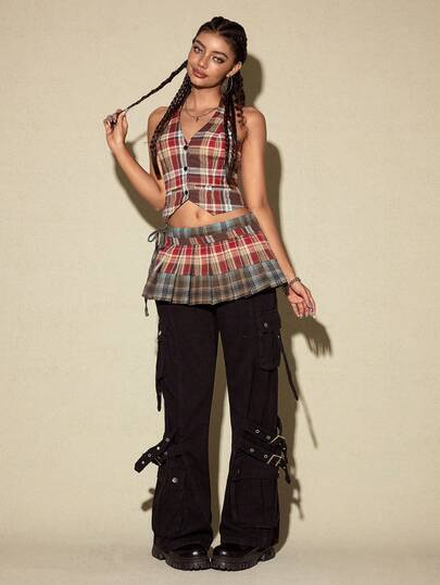 ROMWE Avant Jupe plissée style preppy à carreaux et patchwork pour femmes