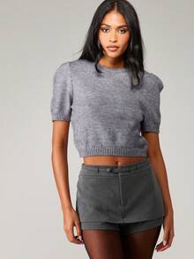 MISSGUIDED 泡泡袖短款针织毛衣垫肩短袖罗纹下摆冬季秋季时尚休闲基本款套头衫 - 灰色 - 查看 6