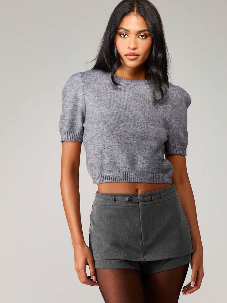 MISSGUIDED Puff Sleeve Crop Knit Sweater Shoulder Pad Short Sleeve Ribbed Hem Winter Autumn Fall Fashion Casual Basic Pullover