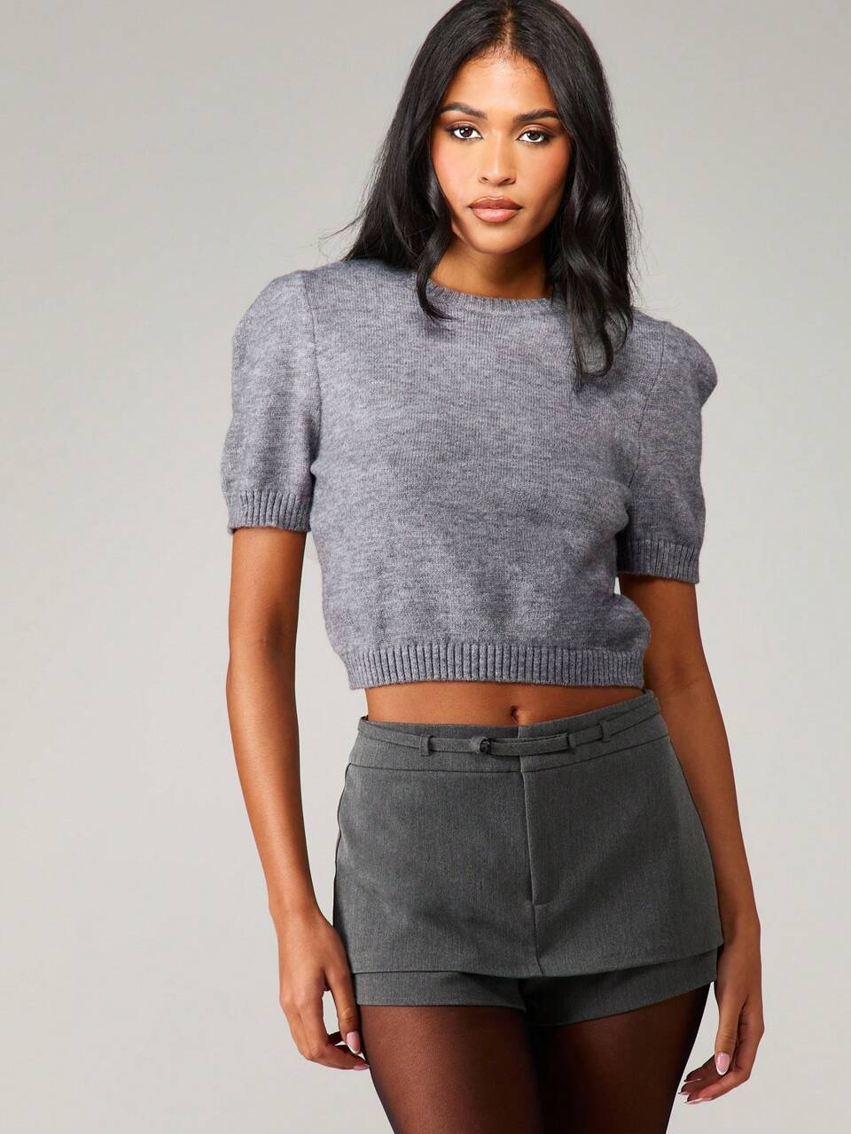 MISSGUIDED Maglione corto a maniche a palloncino con spallina, manica corta, orlo a costine, moda casual di base per l'autunno e l'inverno