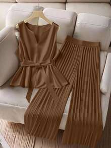 GlowEve CURVE 2件套大码女式无袖上衣和休闲宽松褶皱阔腿裤套装 - 棕色 - 查看 8