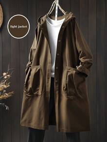 Linhara 大码休闲连帽长款夹克，带大口袋 - 棕色 - 查看 1