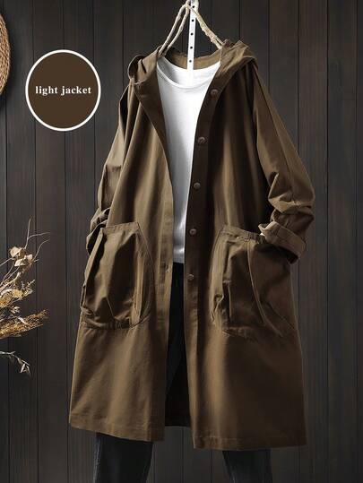 Linhara 大码休闲连帽长款夹克，带大口袋