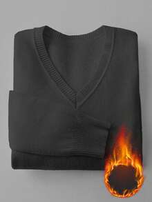 Franclia 女士休闲纯色V领长袖套头毛衣，带保暖内衬，秋冬季 - 黑色 - 查看 4